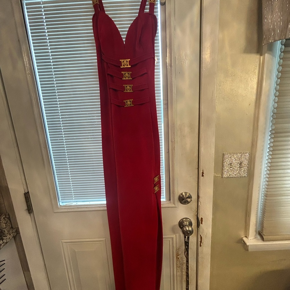 Red Strapless Maxi Dress with Gold Accent Buckles